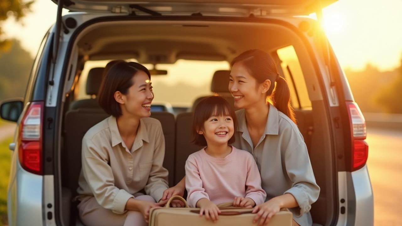 笑顔で荷物をミニバンに積む日本人家族